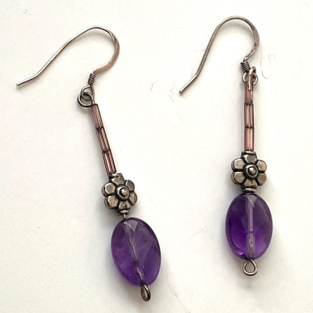Handmade Faceted Amethyst Floral Beaded Dangle Earrings